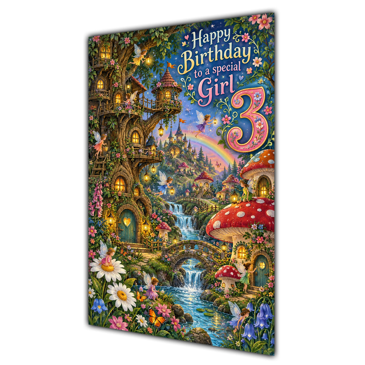 Girl 3rd Birthday Card - Magical Fairy Village