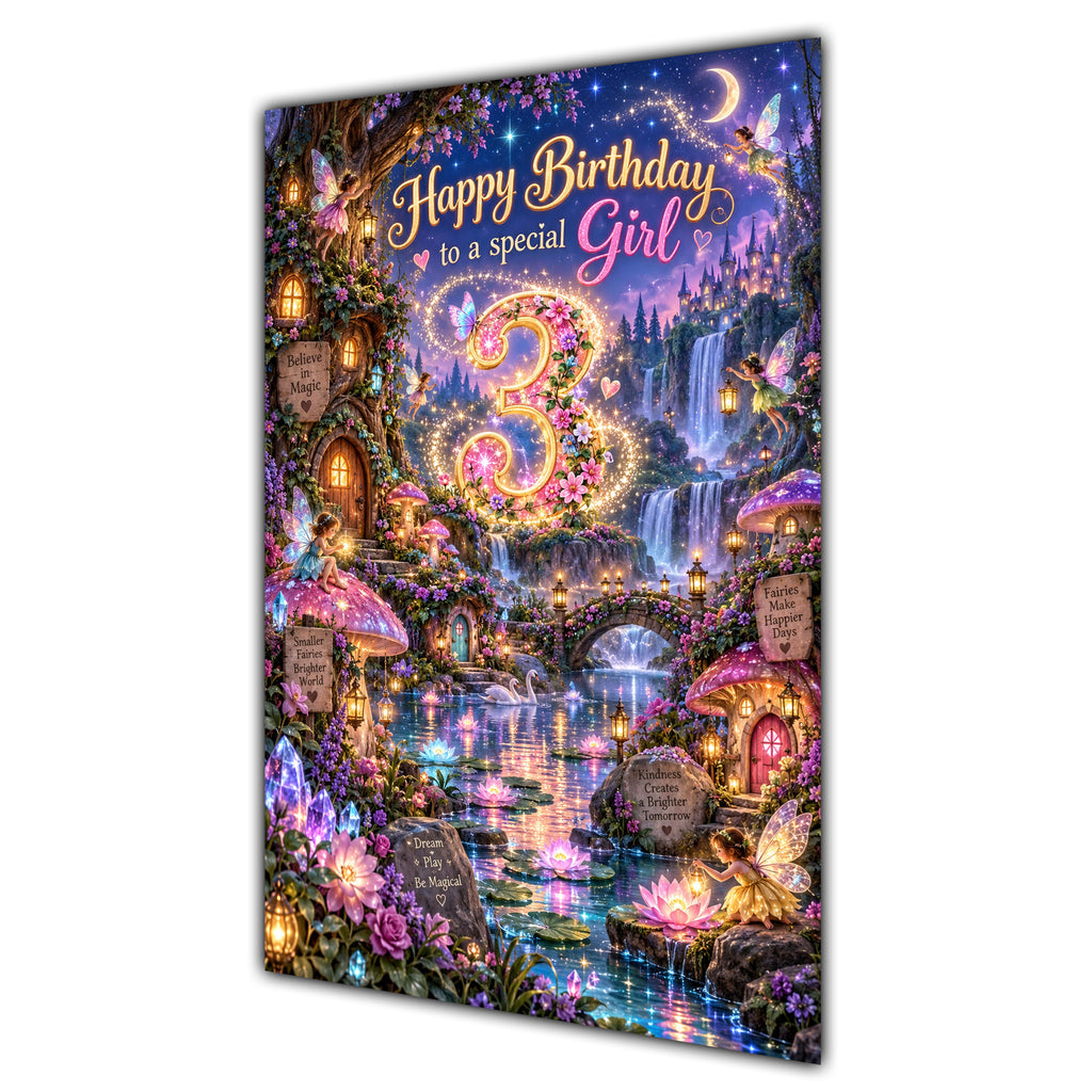 Girl 3rd Birthday Card - Magical Fairy Village