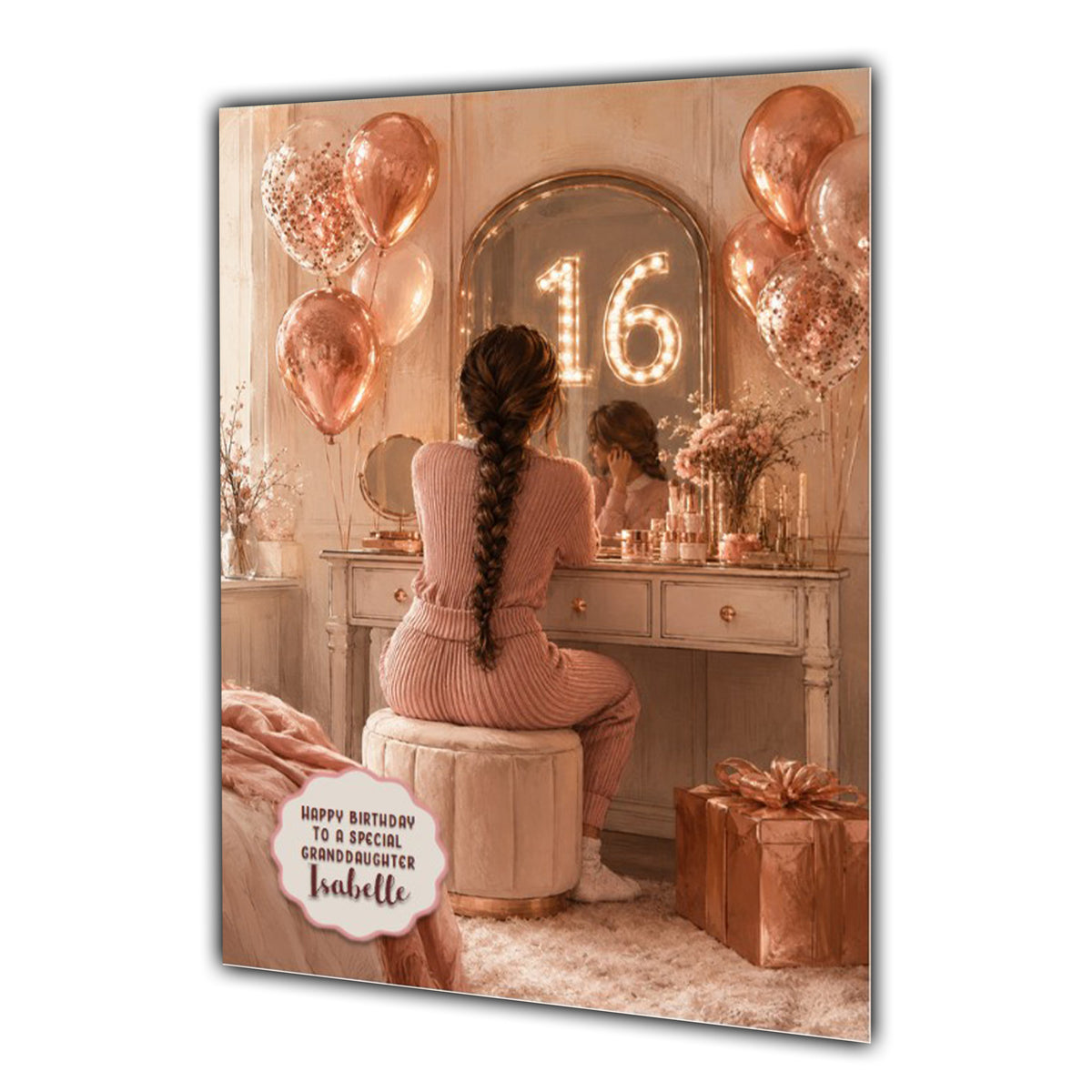 16th Birthday Card For Girls, Daughter, Granddaughter, Niece, Brown Hair, Dressing Table