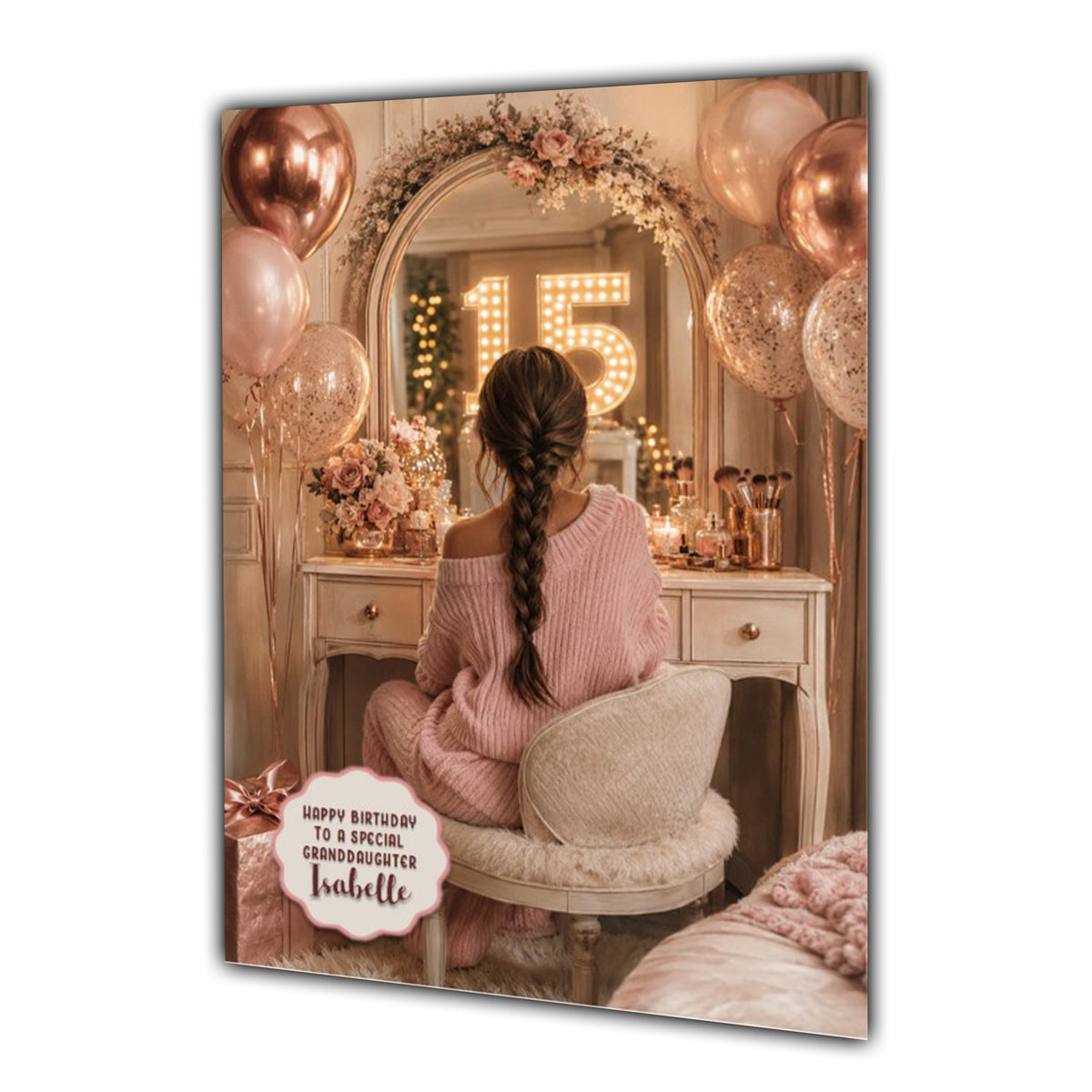 15th Birthday Card For Girls, Daughter, Granddaughter, Niece, Brown Hair, Dressing Table