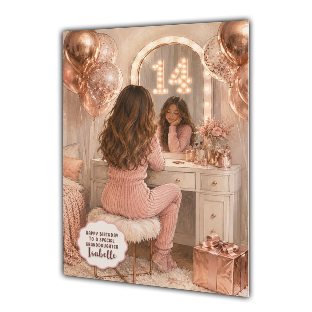 14th Birthday Card For Girls, Daughter, Granddaughter, Niece, Brown Hair, Dressing Table
