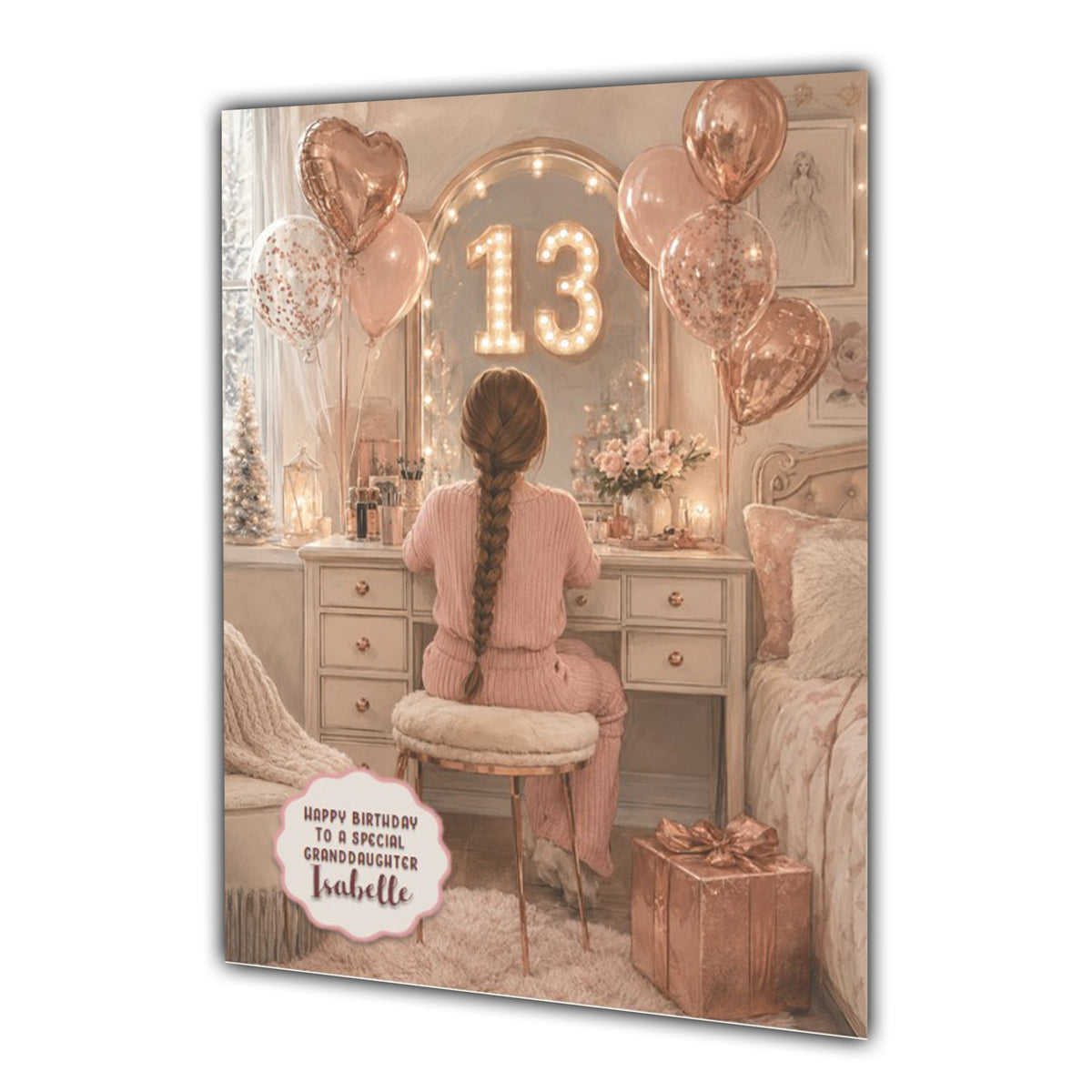 13th Birthday Card For Girls, Daughter, Granddaughter, Niece, Brown Hair, Dressing Table