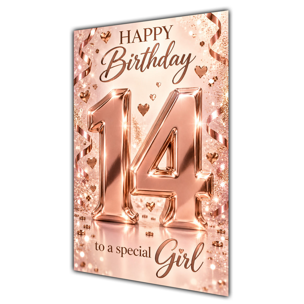 Happy 14th Birthday Special Girl Rose Gold Number Hearts Card A5