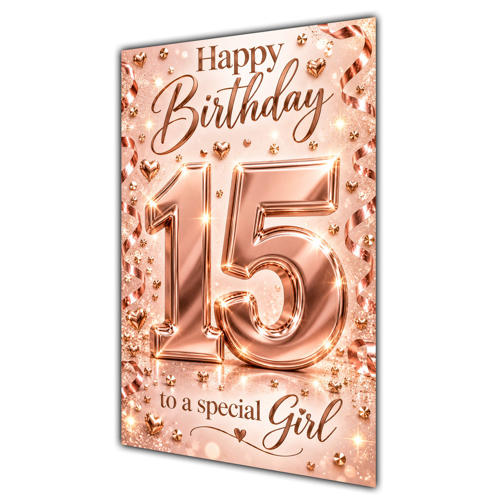 Happy 15th Birthday Special Girl Rose Gold Number Hearts Card A5