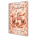 Happy 15th Birthday Special Girl Rose Gold Number Hearts Card A5