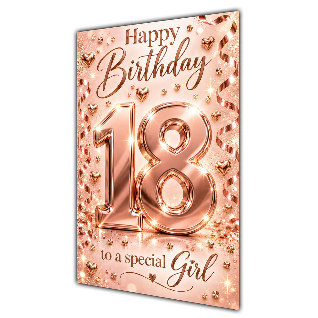 Happy 18th Birthday Special Girl Rose Gold Number Hearts Card A5