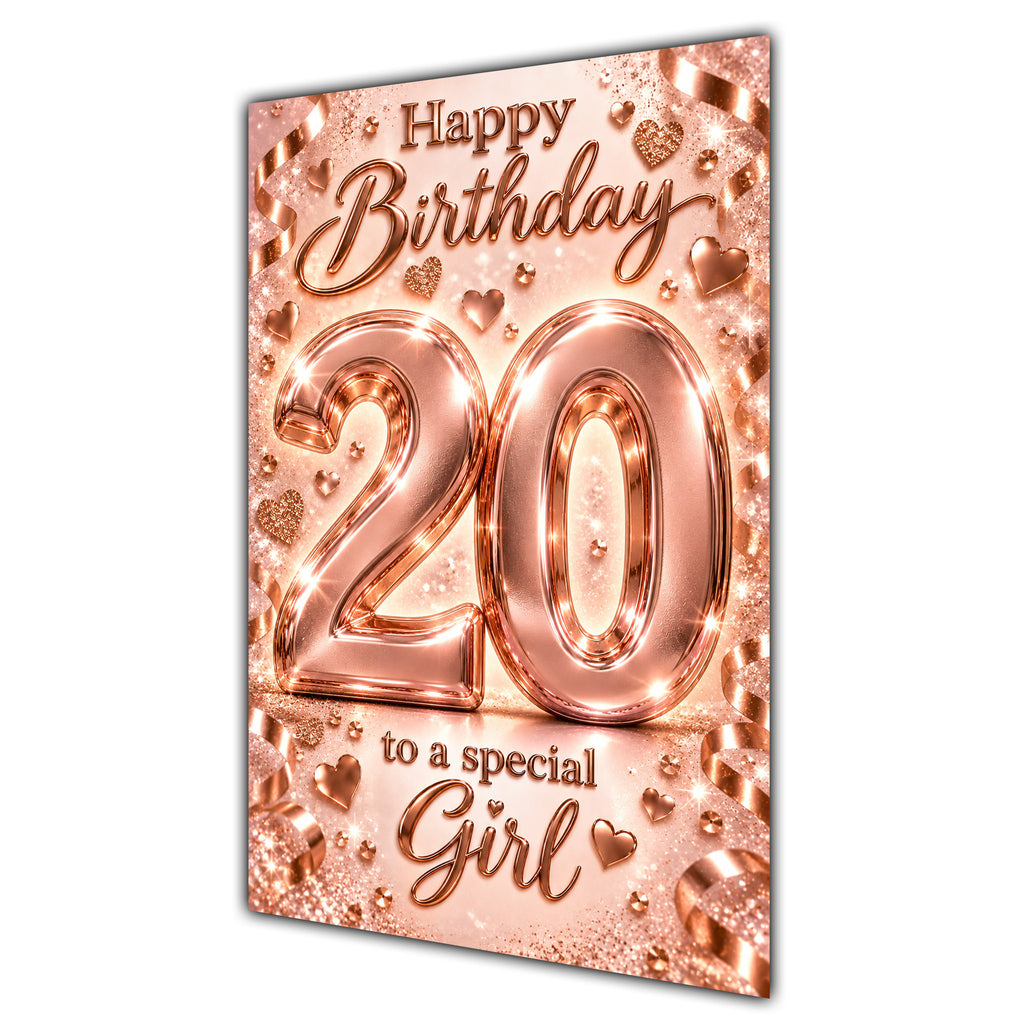 Happy 20th Birthday Special Girl Rose Gold Number Hearts Card A5