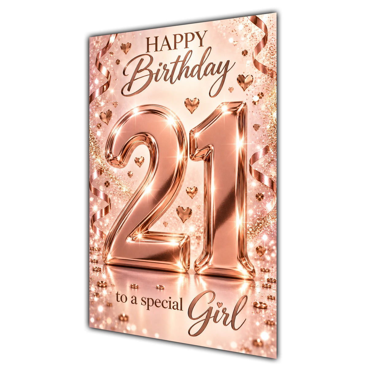 Happy 21st Birthday Special Girl Rose Gold Number Hearts Card A5