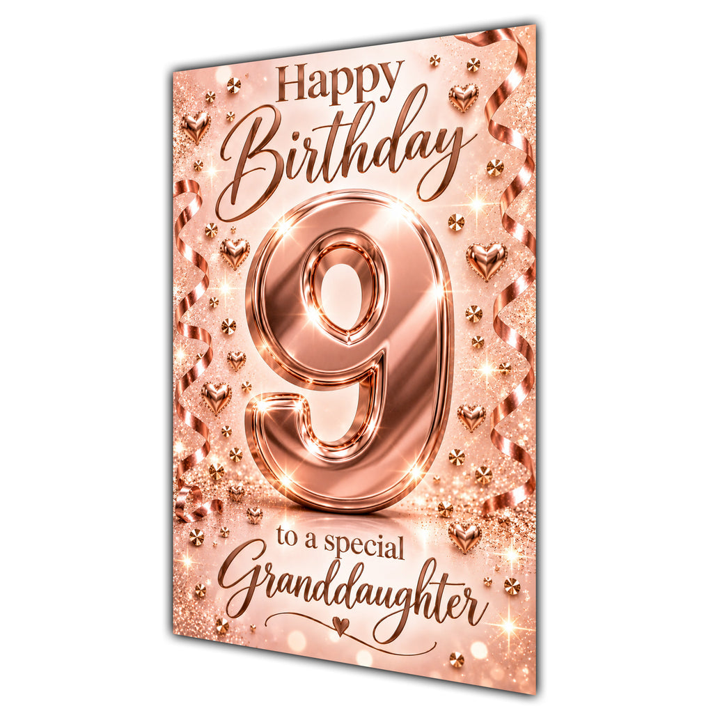 Happy 9th Birthday Granddaughter Rose Gold Number Hearts Card A5