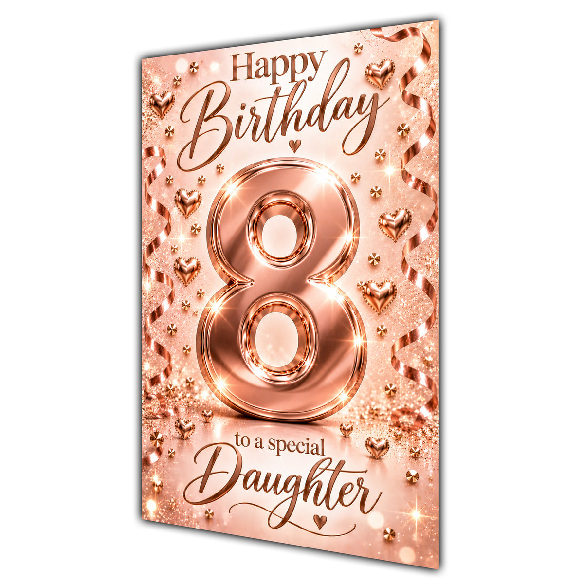 Happy 8th Birthday Daughter Rose Gold Number Hearts Card A5