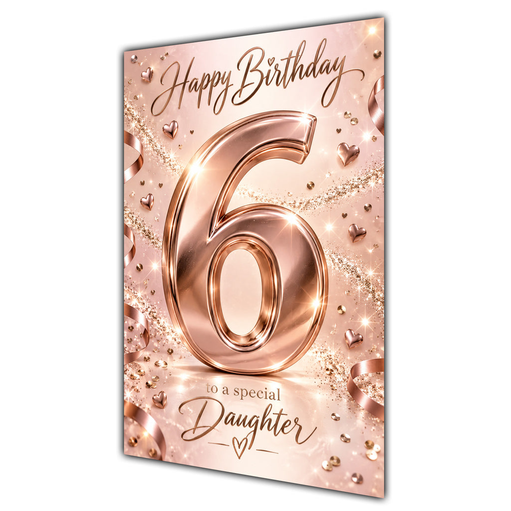 Happy 6th Birthday Daughter Rose Gold Number Hearts Card A5