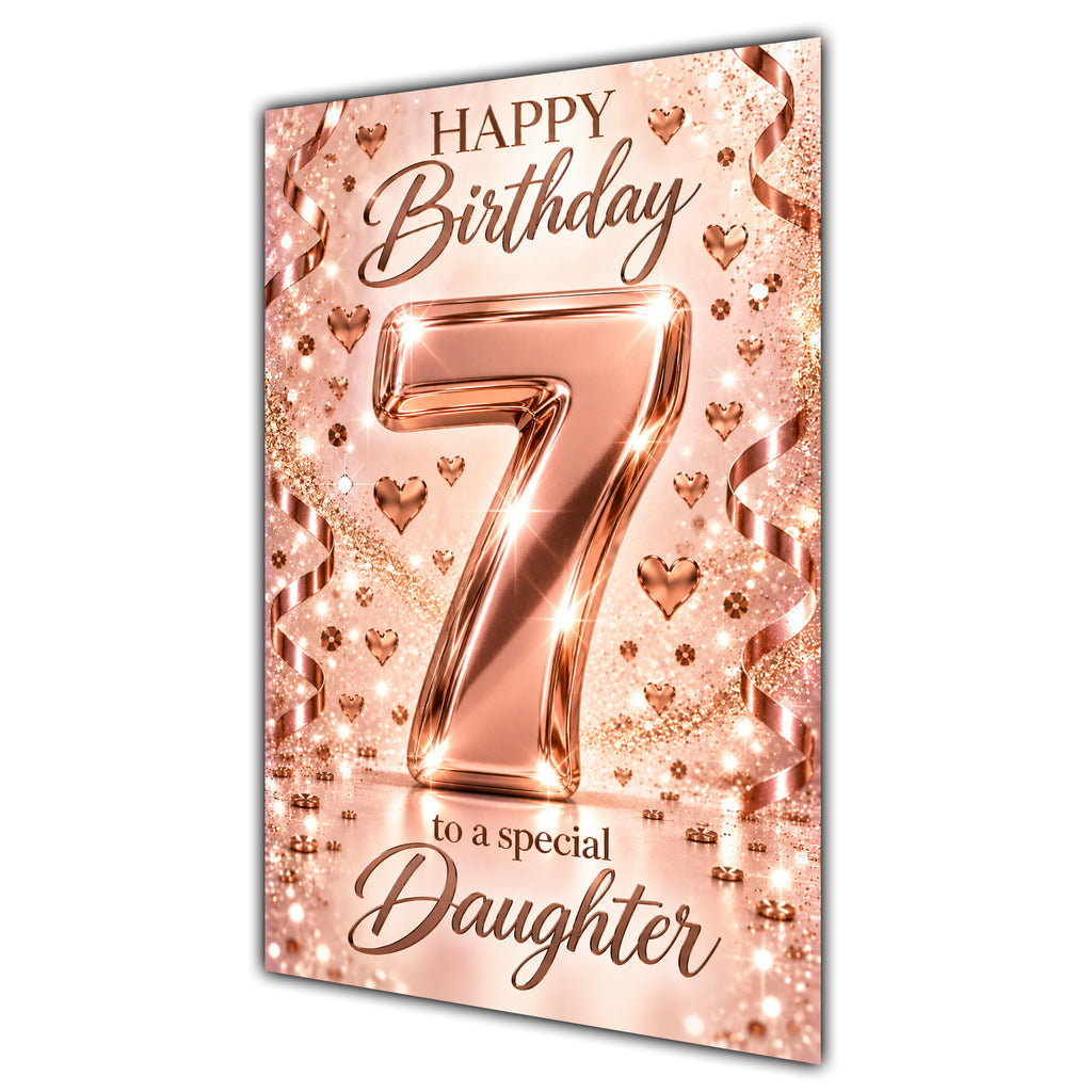 Happy 7th Birthday Daughter Rose Gold Number Hearts Card A5