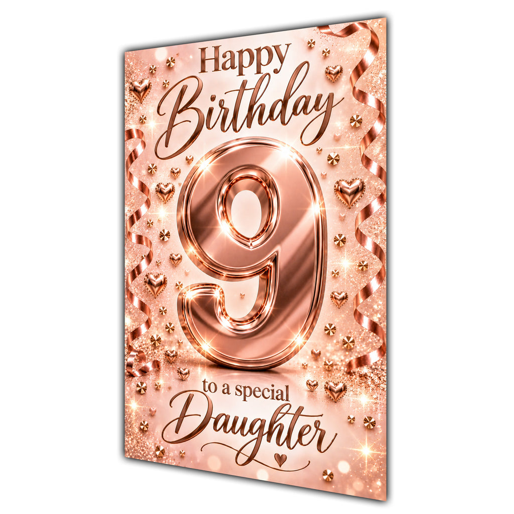 Happy 9th Birthday Daughter Rose Gold Number Hearts Card A5