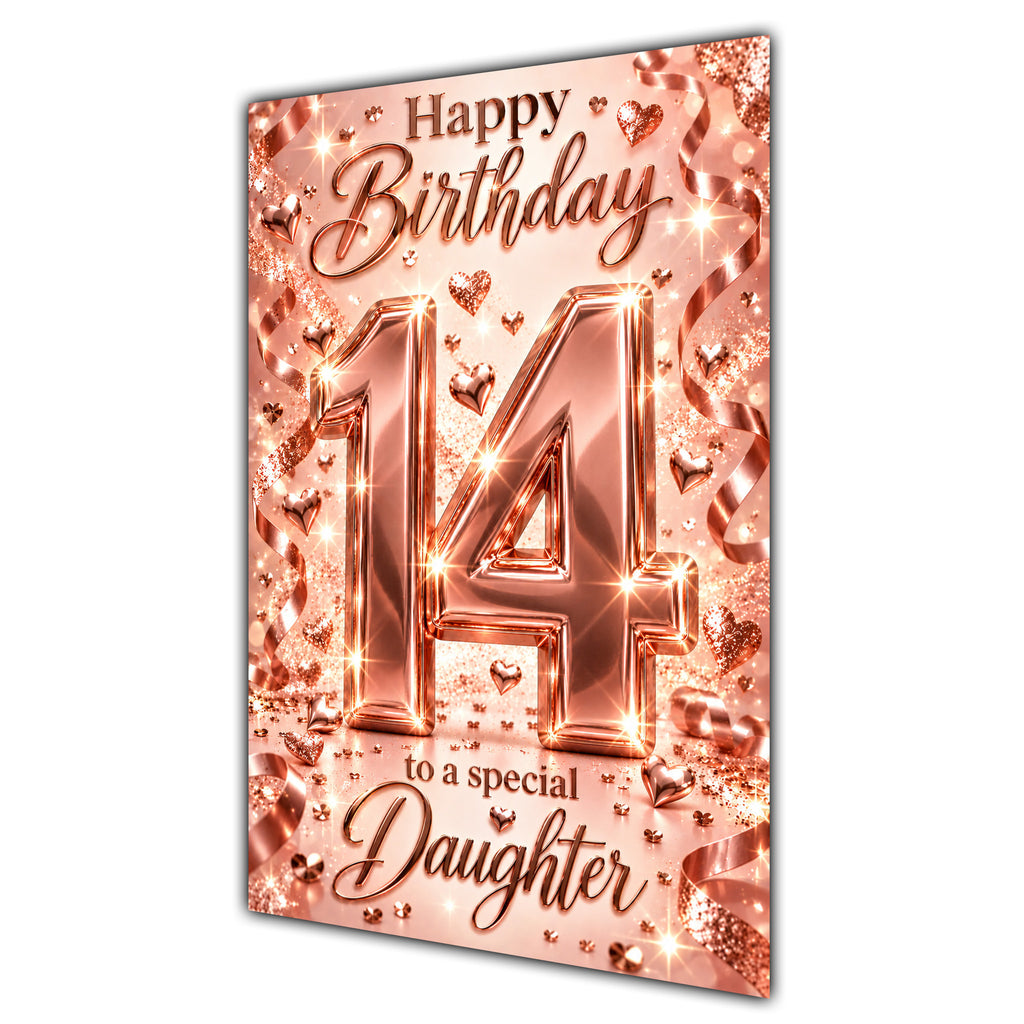 Happy 14th Birthday Daughter Rose Gold Number Hearts Card A5