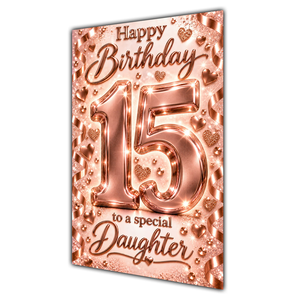 Happy 15th Birthday Daughter Rose Gold Number Hearts Card A5