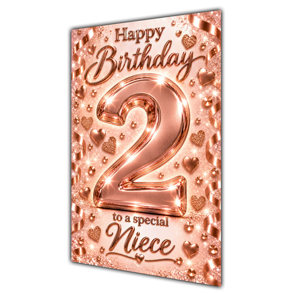 Happy 2nd Birthday Niece Rose Gold Number Hearts Card A5