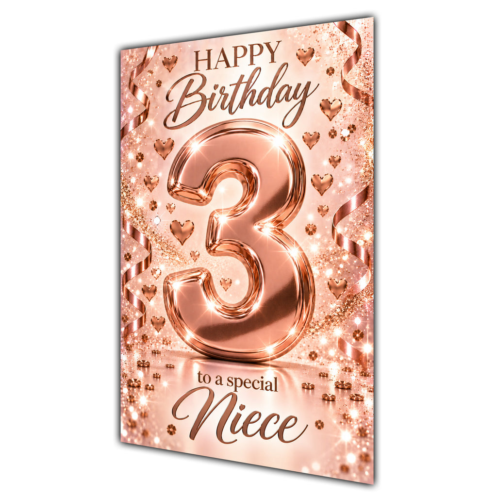 Happy 3rd Birthday Niece Rose Gold Number Hearts Card A5