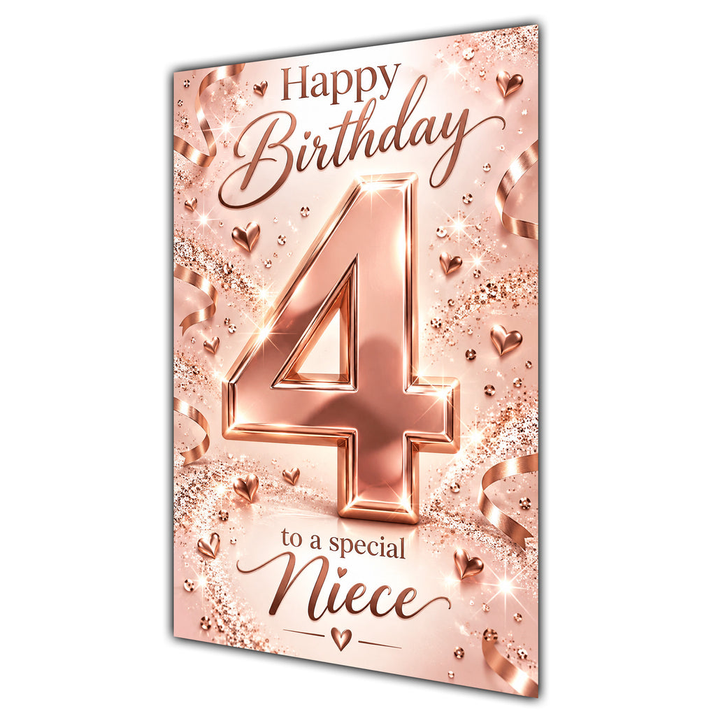 Happy 4th Birthday Niece Rose Gold Number Hearts Card A5