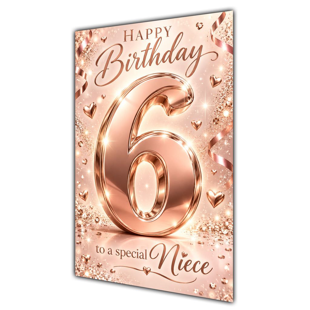 Happy 6th Birthday Niece Rose Gold Number Hearts Card A5
