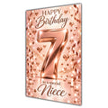 Happy 7th Birthday Niece Rose Gold Number Hearts Card A5