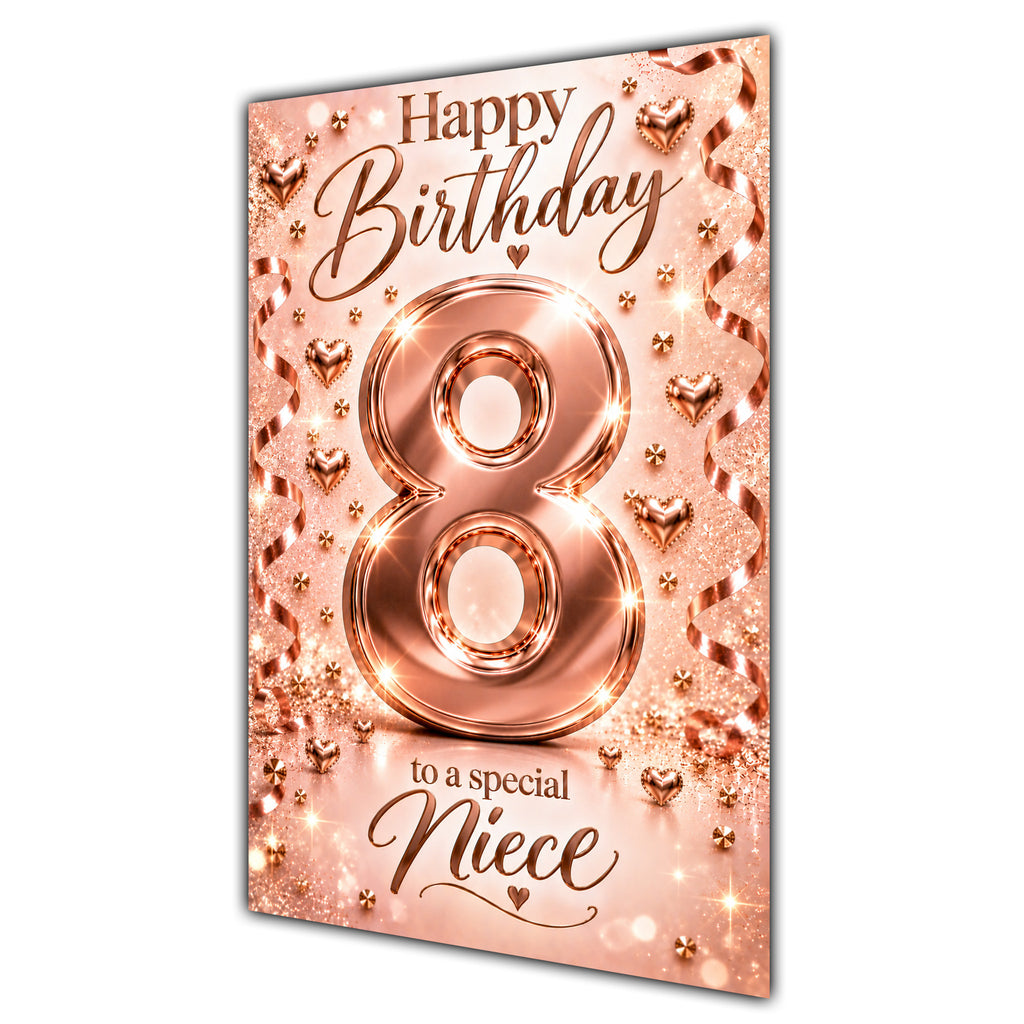 Happy 8th Birthday Niece Rose Gold Number Hearts Card A5