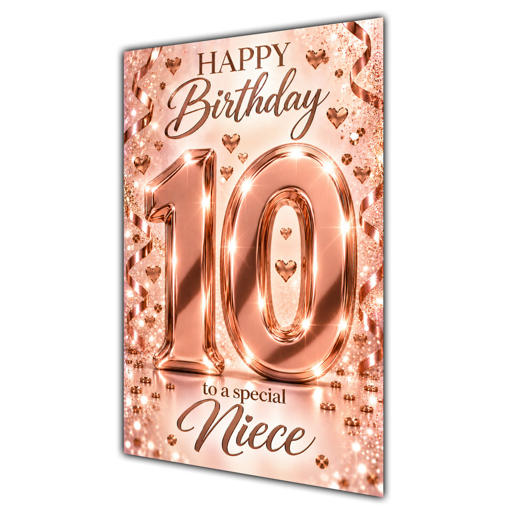 Happy 10th Birthday Niece Rose Gold Number Hearts Card A5
