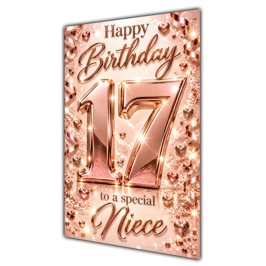Happy 17th Birthday Niece Rose Gold Number Hearts Card A5