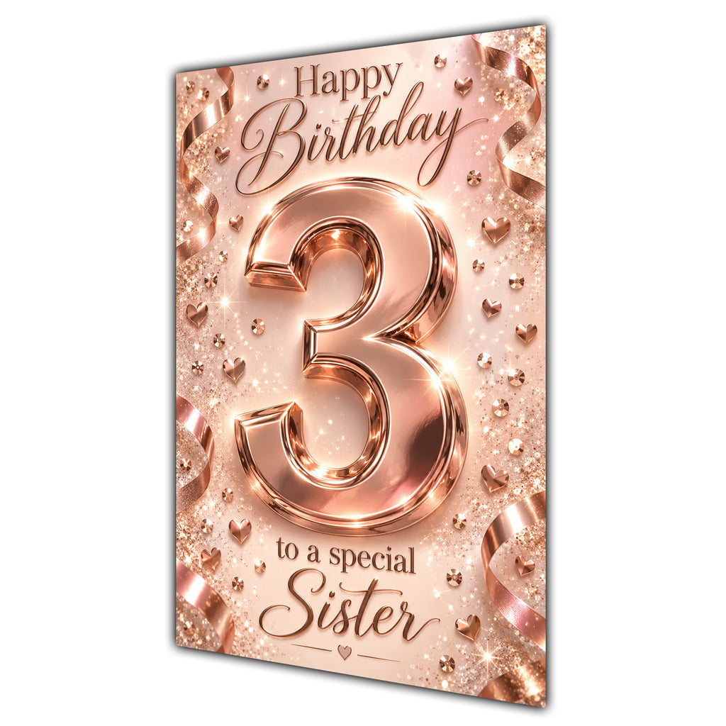 Happy 3rd Birthday Sister Rose Gold Number Hearts Card A5