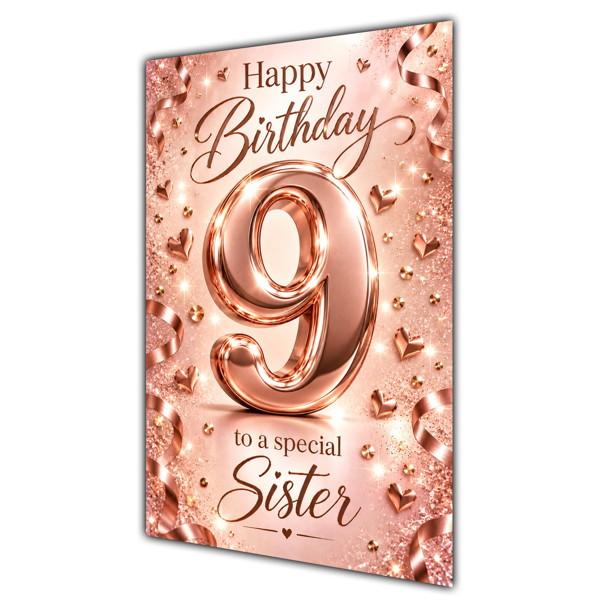 Happy 9th Birthday Sister Rose Gold Number Hearts Card A5