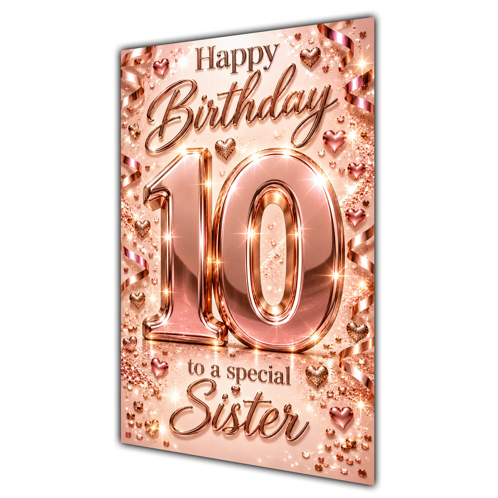 Happy 10th Birthday Sister Rose Gold Number Hearts Card A5