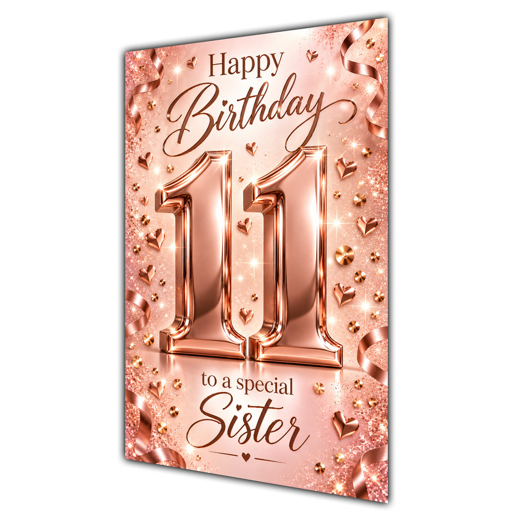 Happy 11th Birthday Sister Rose Gold Number Hearts Card A5