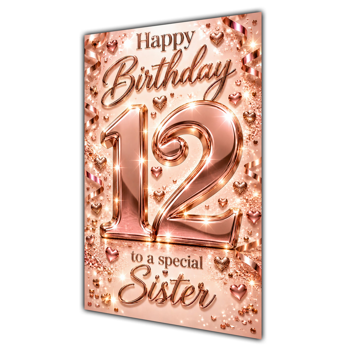 Happy 12th Birthday Sister Rose Gold Number Hearts Card A5
