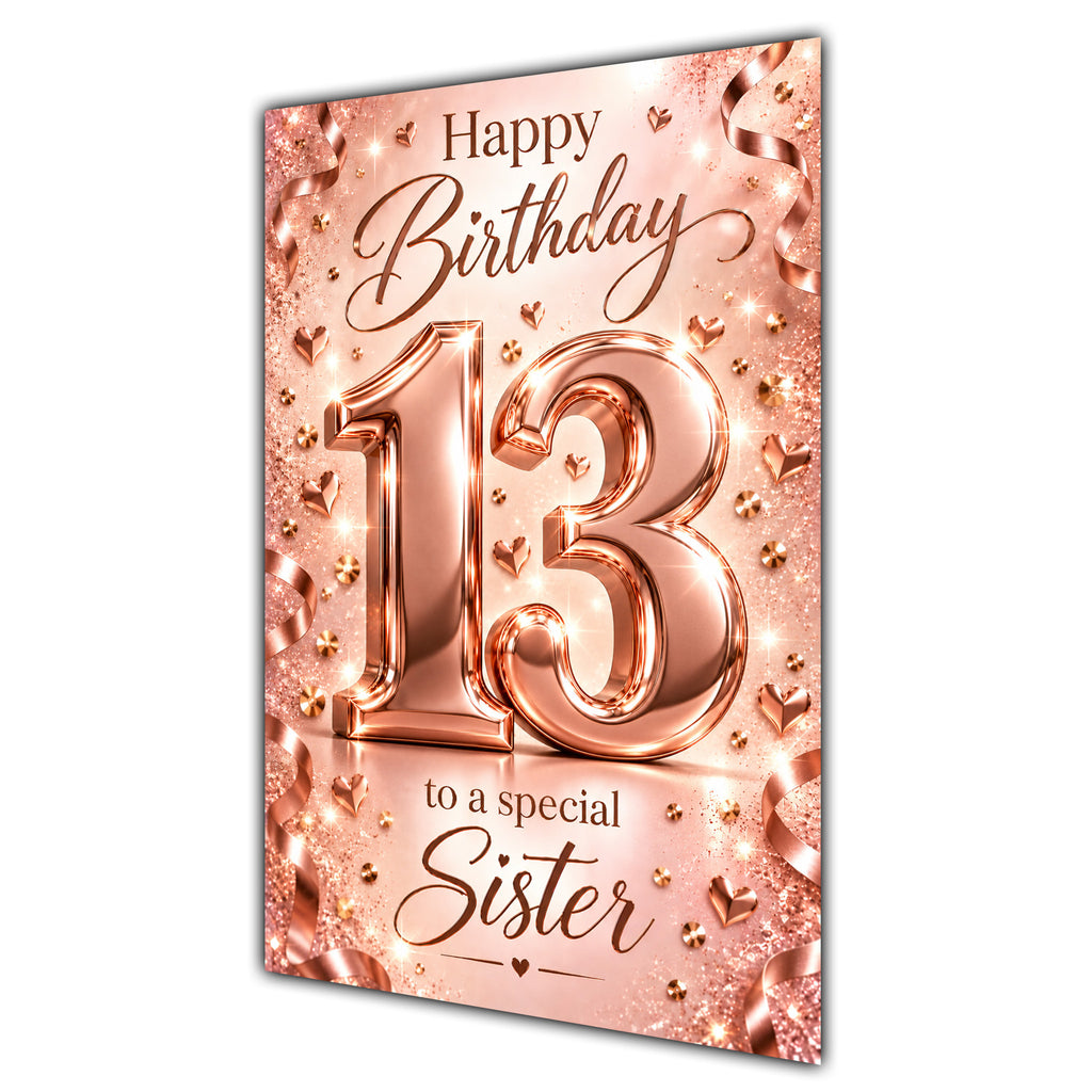 Happy 13th Birthday Sister Rose Gold Number Hearts Card A5