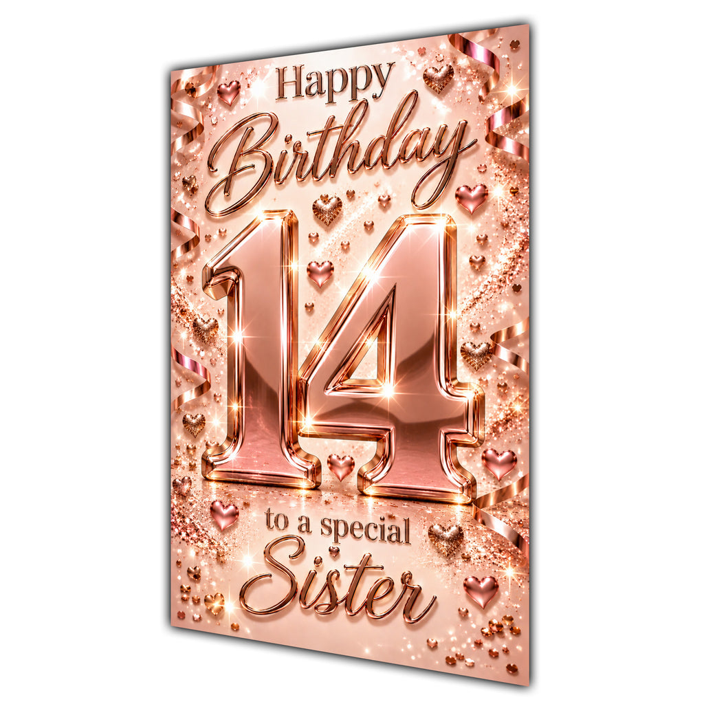 Happy 14th Birthday Sister Rose Gold Number Hearts Card A5