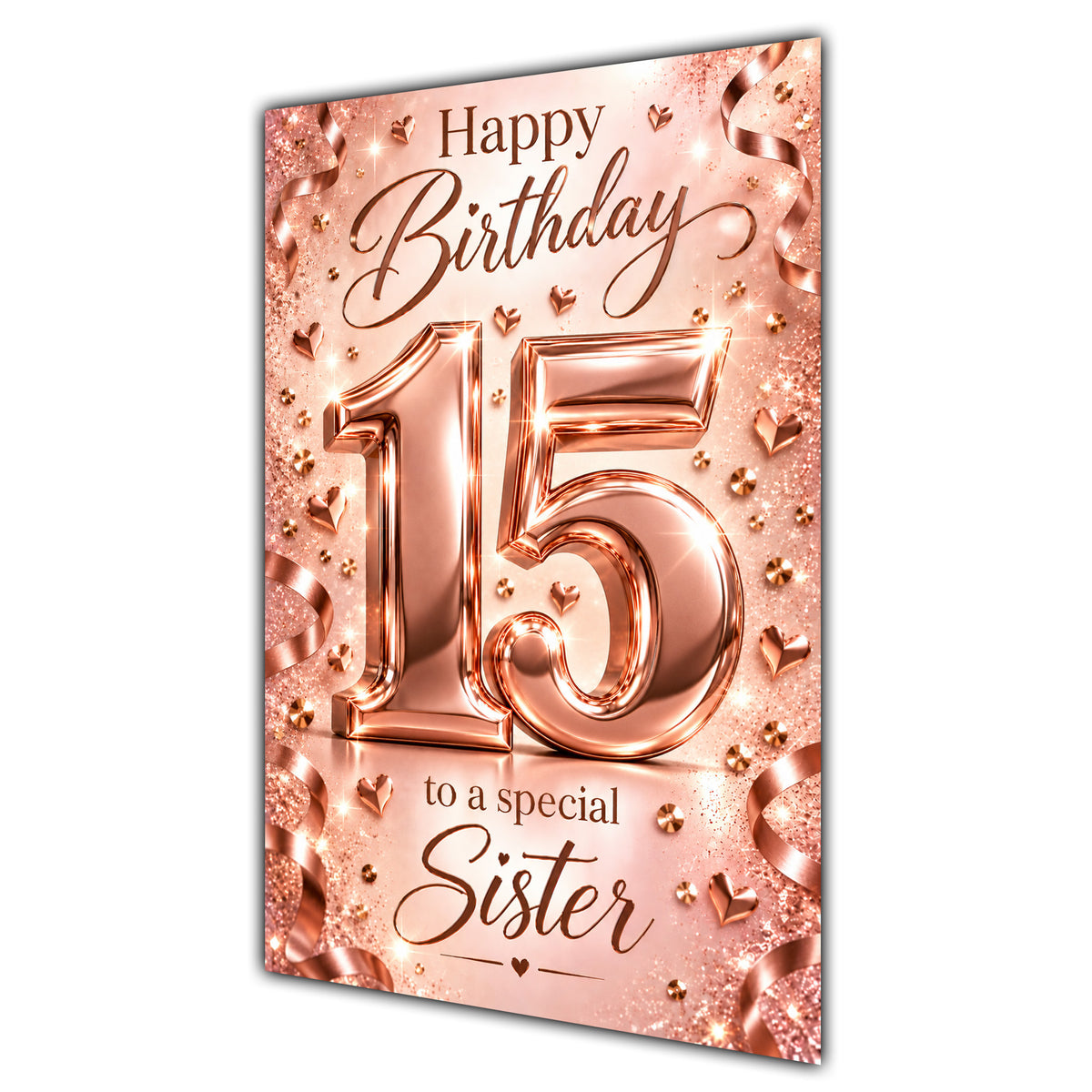 Happy 15th Birthday Sister Rose Gold Number Hearts Card A5