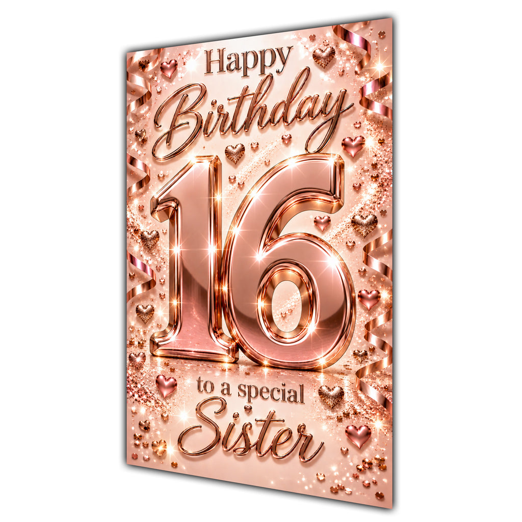 Happy 16th Birthday Sister Rose Gold Number Hearts Card A5