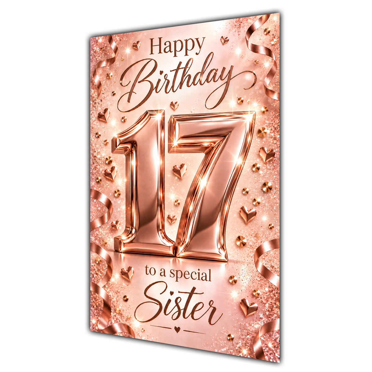 Happy 17th Birthday Sister Rose Gold Number Hearts Card A5