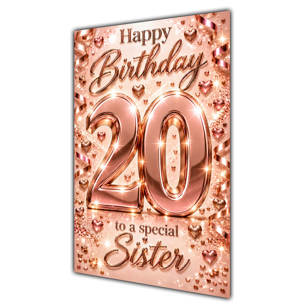 Happy 20th Birthday Sister Rose Gold Number Hearts Card A5