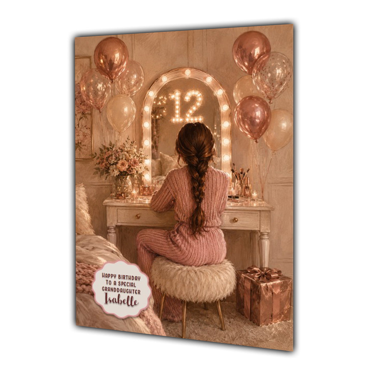 12th Birthday Card For Girls, Daughter, Granddaughter, Niece, Brown Hair, Dressing Table
