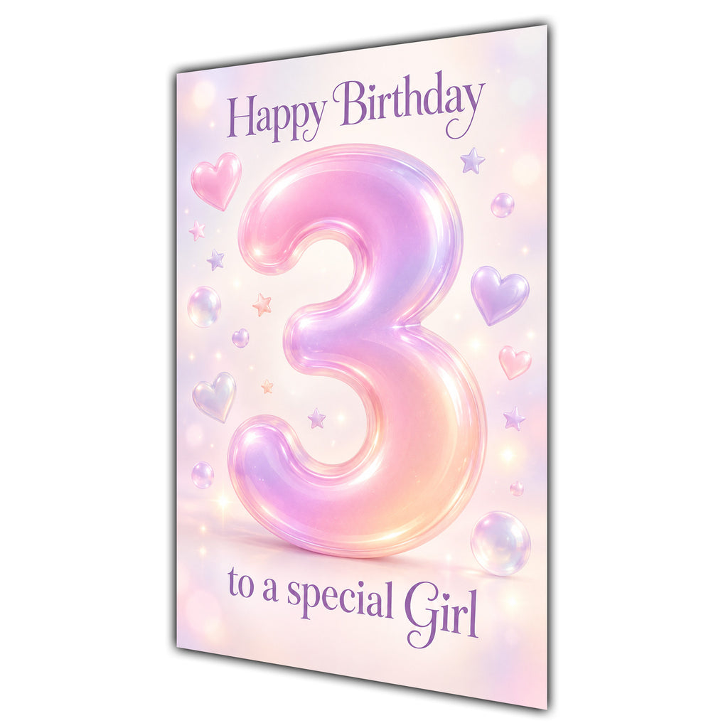 Happy 3rd Birthday Special Girl Pastel Rainbow Number Hearts Card A5