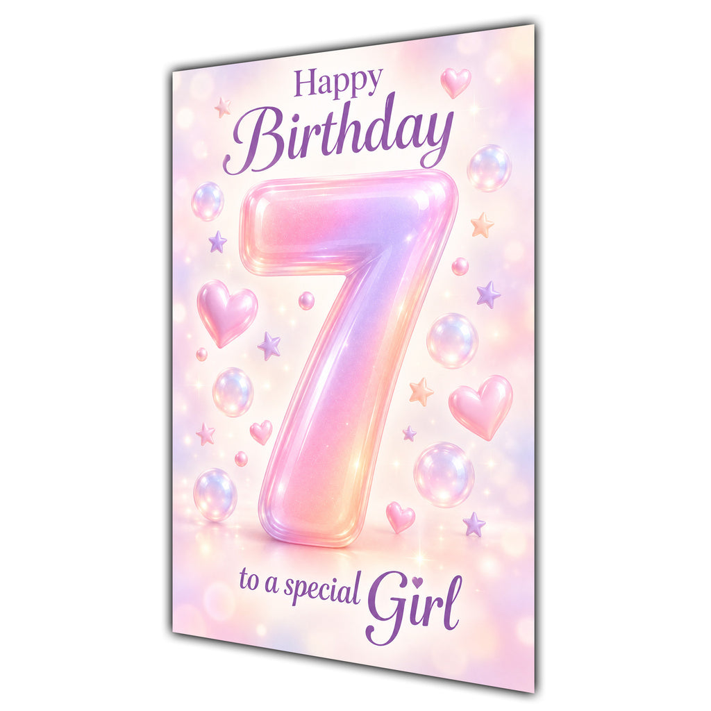 Happy 7th Birthday Special Girl Pastel Rainbow Number Hearts Card A5