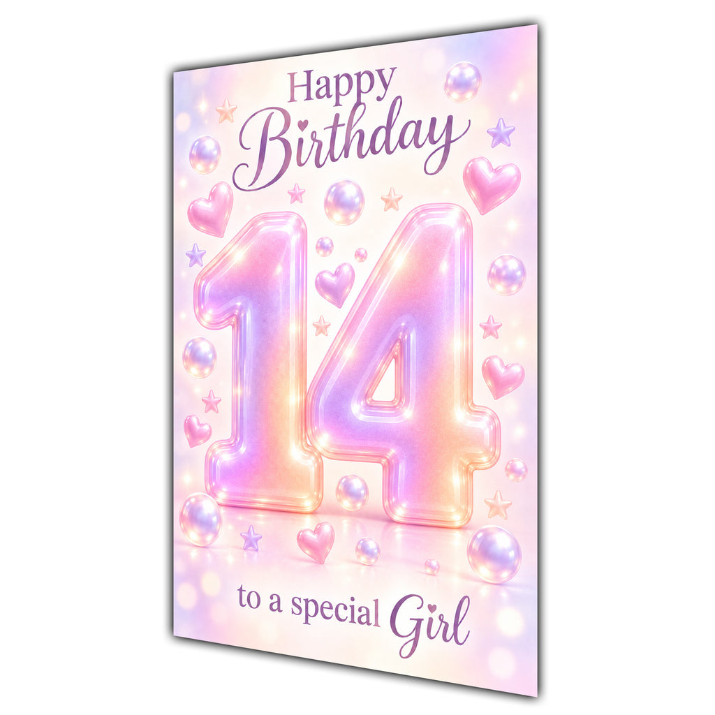 Happy 14th Birthday Special Girl Pastel Rainbow Number Hearts Card A5