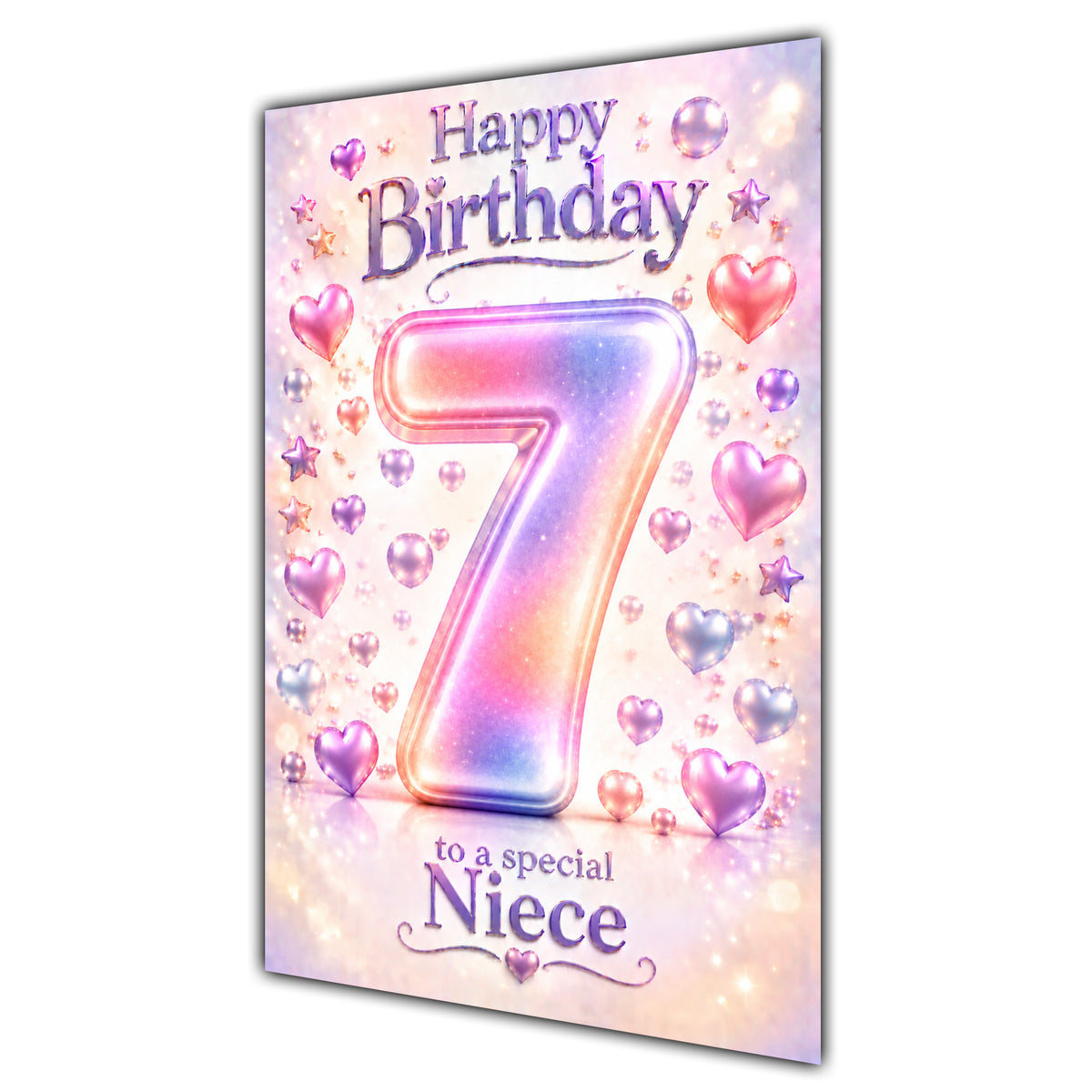 Happy 7th Birthday Niece Pastel Rainbow Number Hearts Card A5