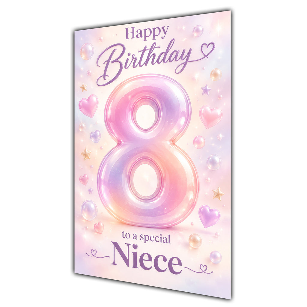 Happy 8th Birthday Niece Pastel Rainbow Number Hearts Card A5