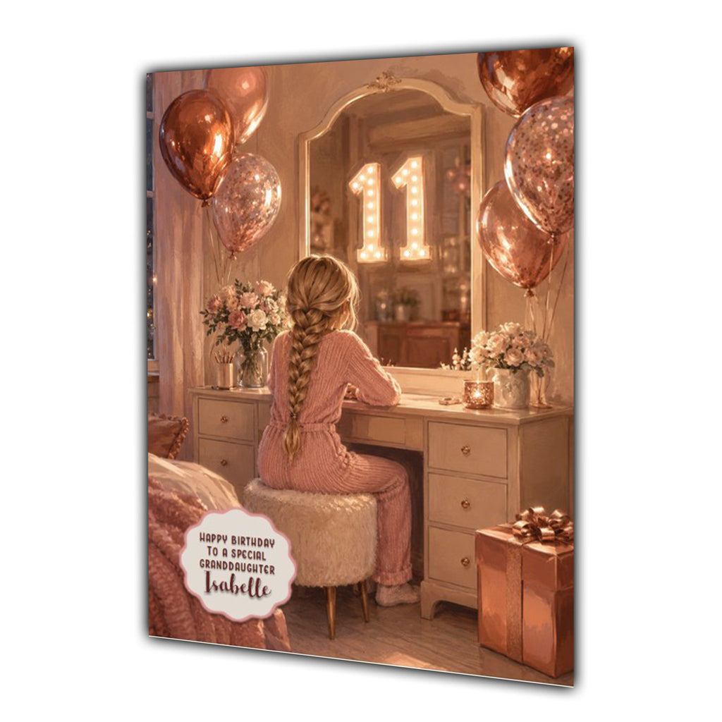 11th Birthday Card For Girls, Daughter, Granddaughter, Niece, Brown Hair, Dressing Table