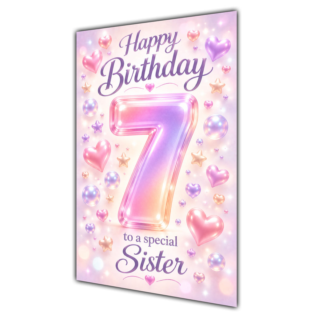 Happy 7th Birthday Sister Pastel Rainbow Number Hearts Card A5