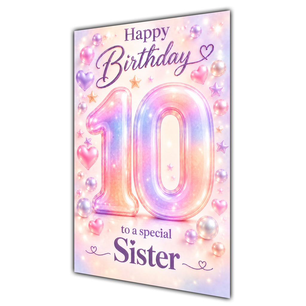 Happy 10th Birthday Sister Pastel Rainbow Number Hearts Card A5