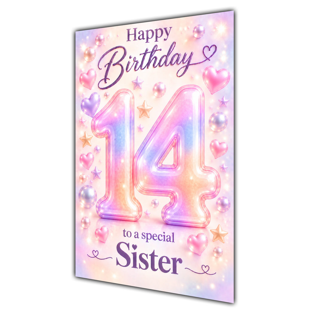 Happy 14th Birthday Sister Pastel Rainbow Number Hearts Card A5