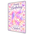 Happy 15th Birthday Sister Pastel Rainbow Number Hearts Card A5