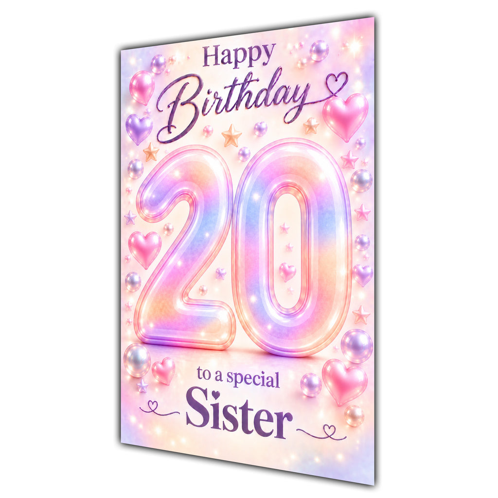 Happy 20th Birthday Sister Pastel Rainbow Number Hearts Card A5